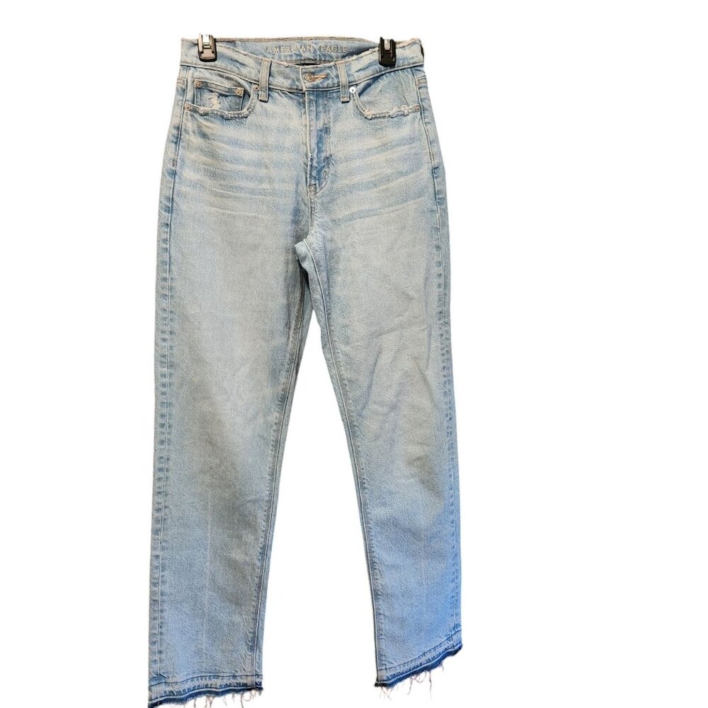 AE Super High-Rise Straight Baggy Stretch Jean Released Hem Light Wash Sz 4
